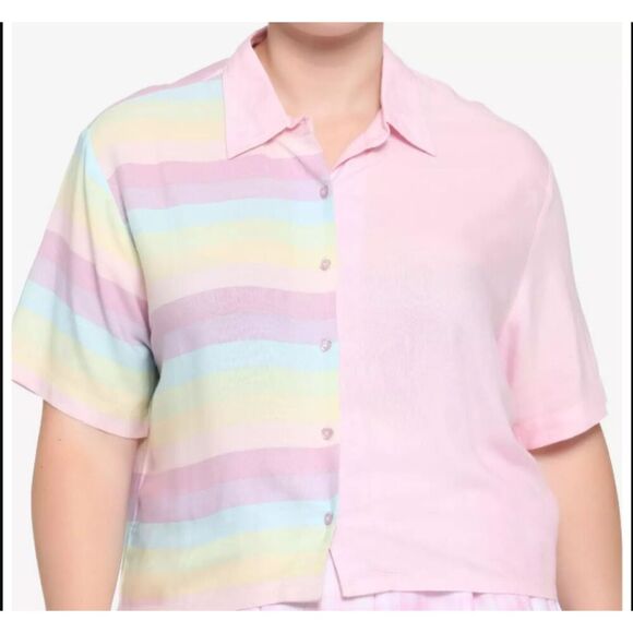 Hot Topic Pastel Stripe Split Boxy Crop Woven Button-Up Unicorn Cotton Candy L - Picture 1 of 5